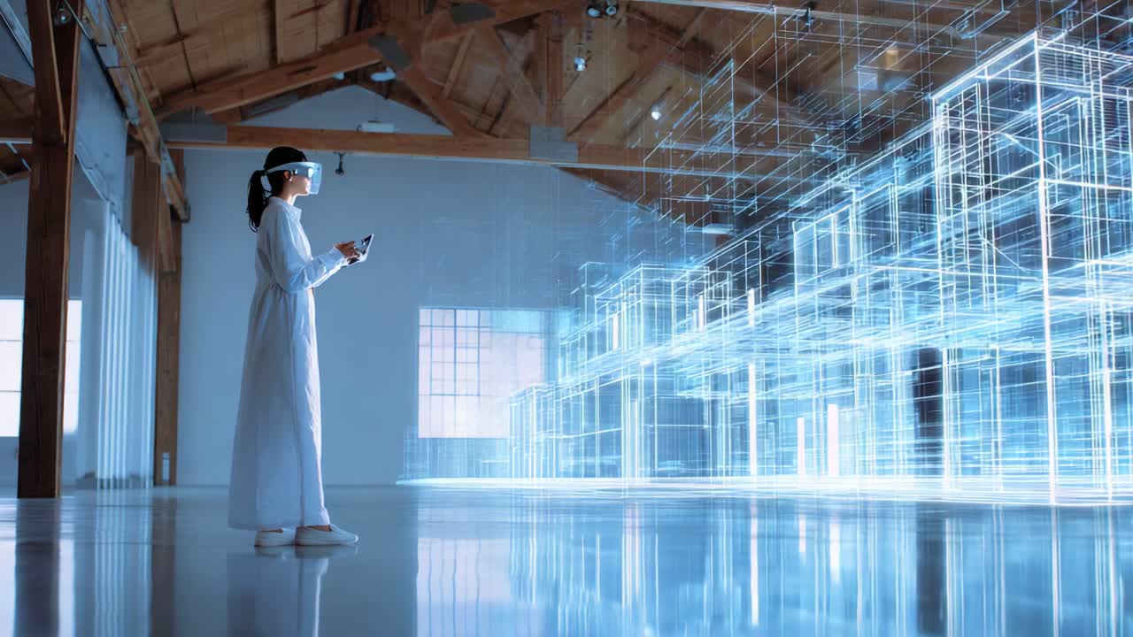 A person wearing a VR headset stands in a modern space, exploring advanced technology as they interact with holographic designs, showcasing innovation and creativity in digital architecture