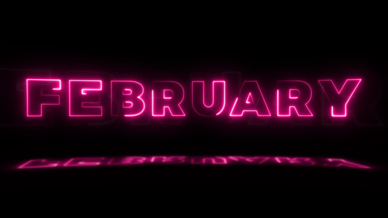 Word 'FEBRUARY' neon glowing on a black background with reflections on a floor. Neon glow signs in seamless loop motion graphic