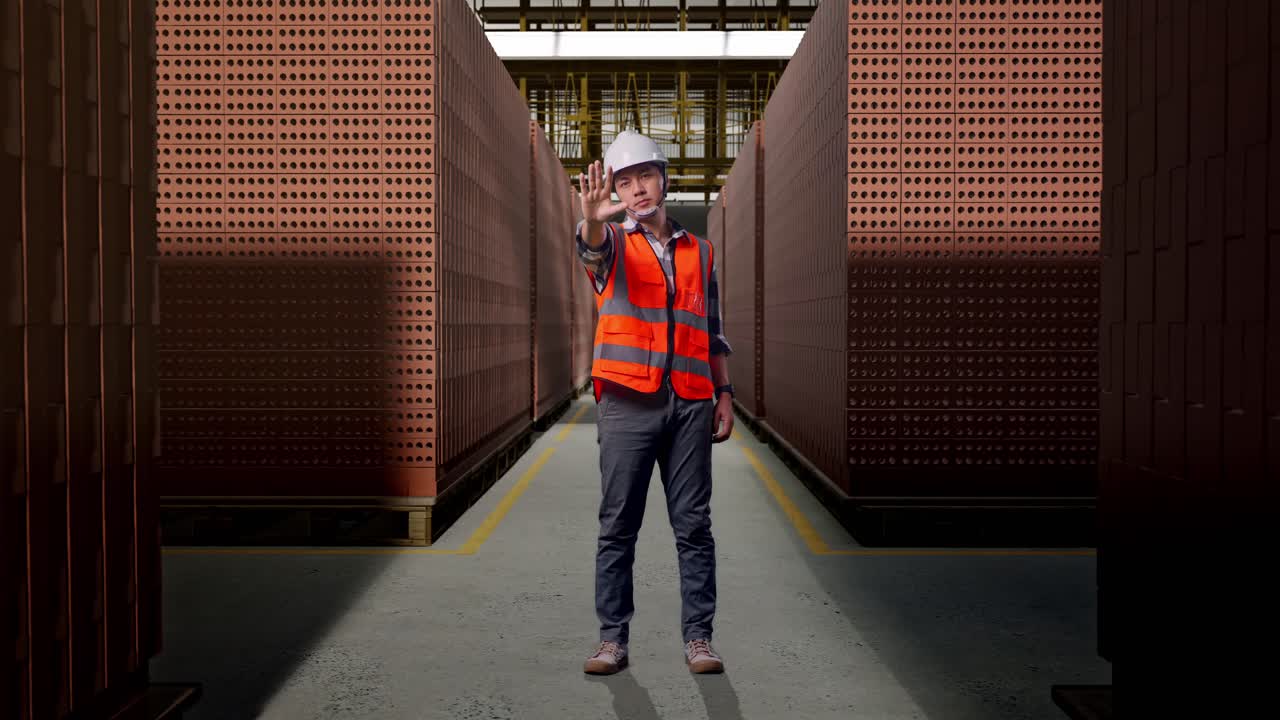 Full Body Of Asian Male Engineer With Safety Helmet Disapproving With No Hand Sign While Standing With Red Brick Packed in Stacks Are Stored