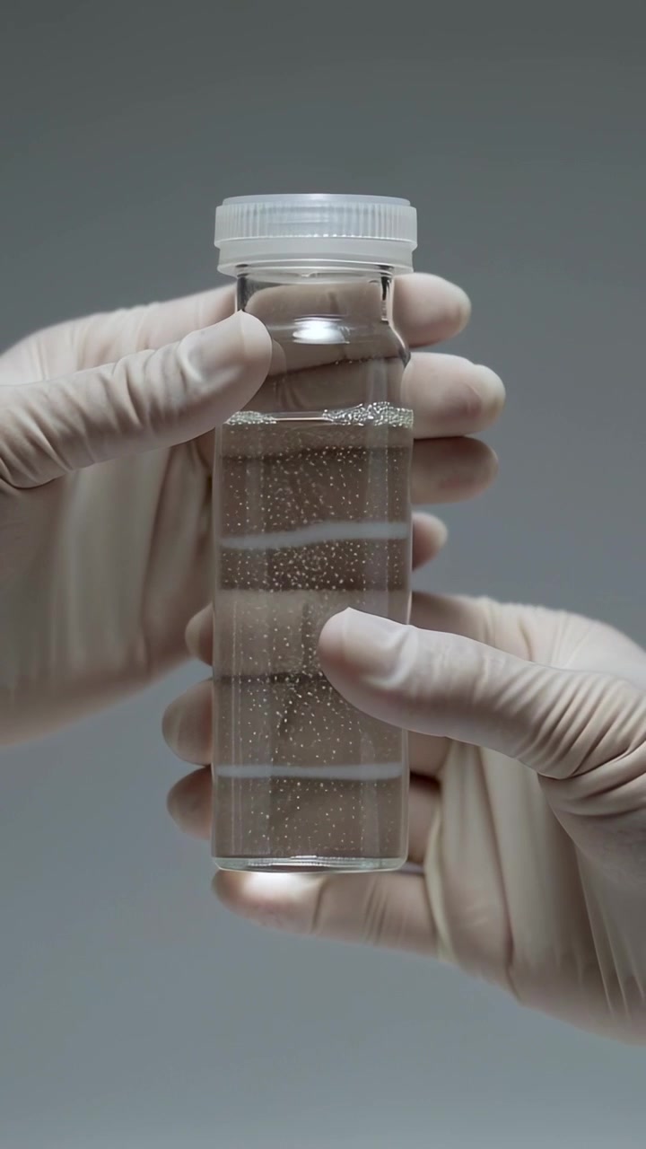 Video verticale: mani guantate che ruotano maneggiando un flacone di campioni in laboratorio, controllando le bolle sul filamento