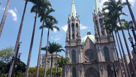 cinematic approach to the cathedral during a sunny day in sao paulo, brazil