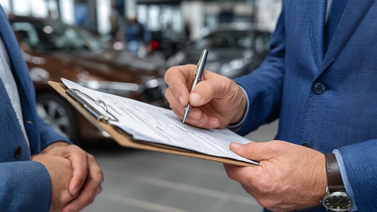 Uma Interação Profissional: Assinando Documentos para a Compra de um Veículo em um Ambiente de Concessionária de Automóveis, Destacando Detalhes do Formulário e Engajamento do Cliente