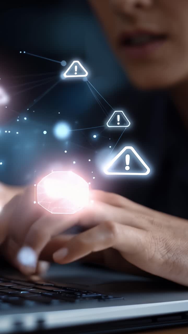 A close-up view of a person typing on a laptop, with glowing warning symbols and digital elements that suggest urgency and technological awareness
