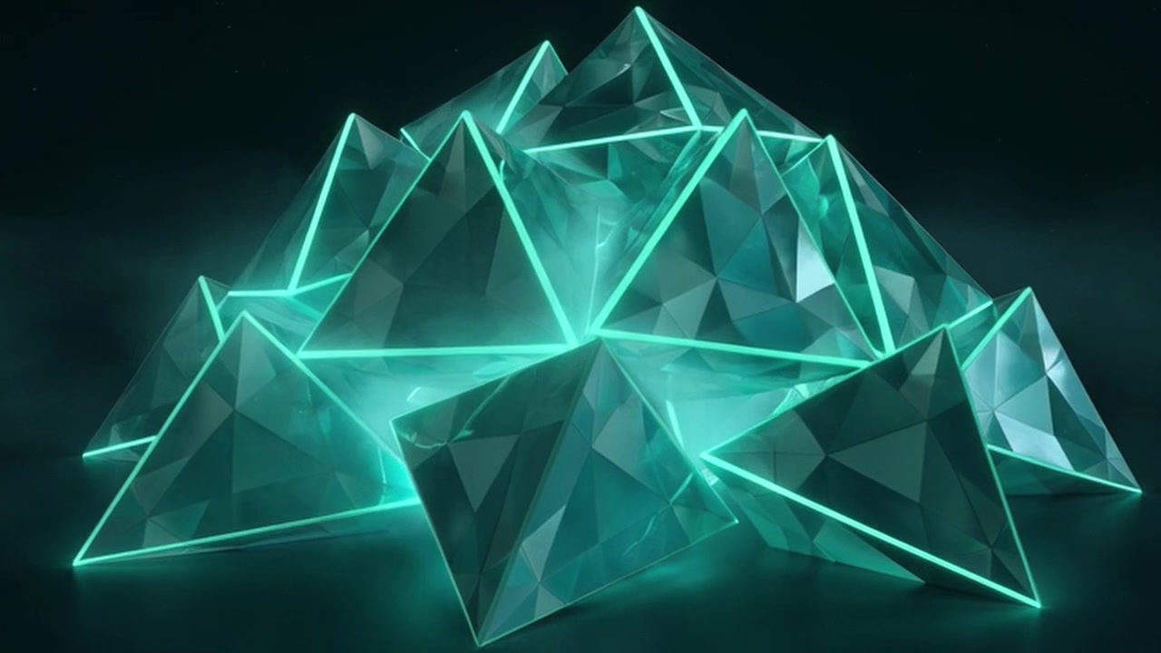 Abstraktní zářící geometrické pyramidy rotující v temném prostoru