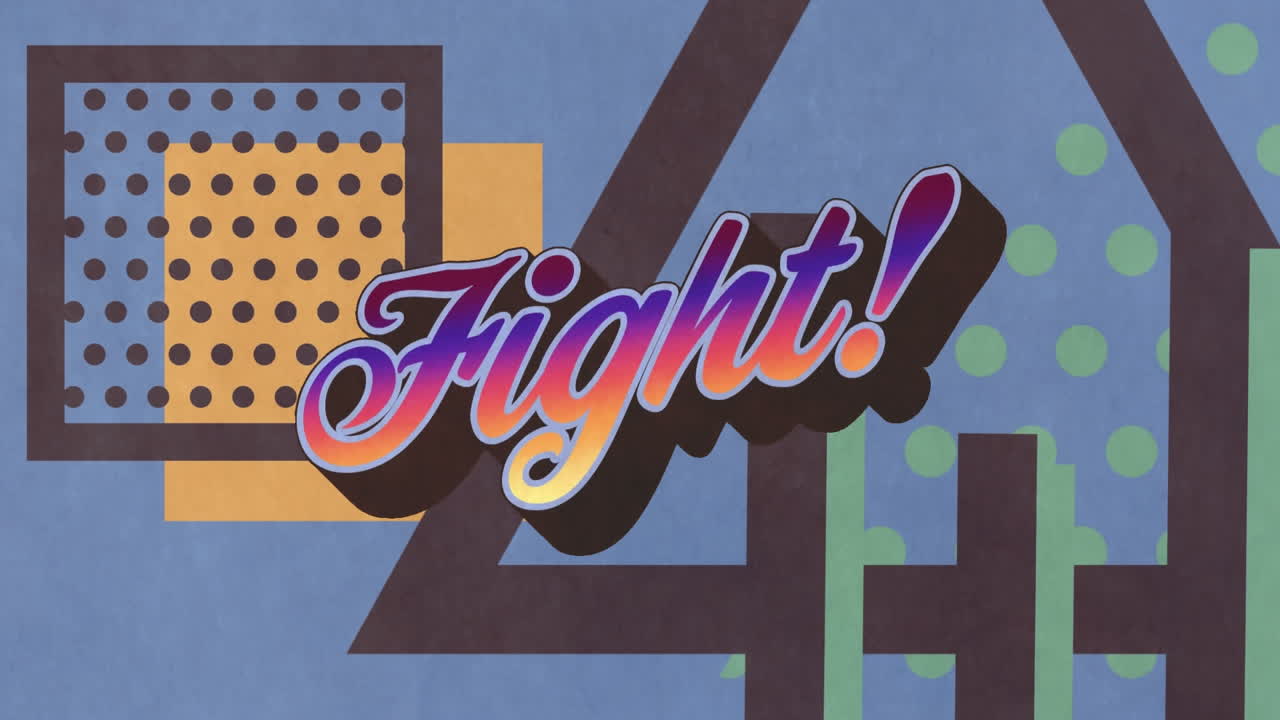 파란색 배경에 추상적인 다채로운 모양에 대항하여 글래디언트 싸움 텍스트 배너의 애니메이션