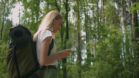 una mujer joven con un teléfono móvil camina por el bosque viajando con una mochila en cámara lenta. viajero en pantalones cortos en el bosque buscando satélites gps