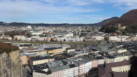 panoramic aerial view of salzburg city on a sunny day - right pan