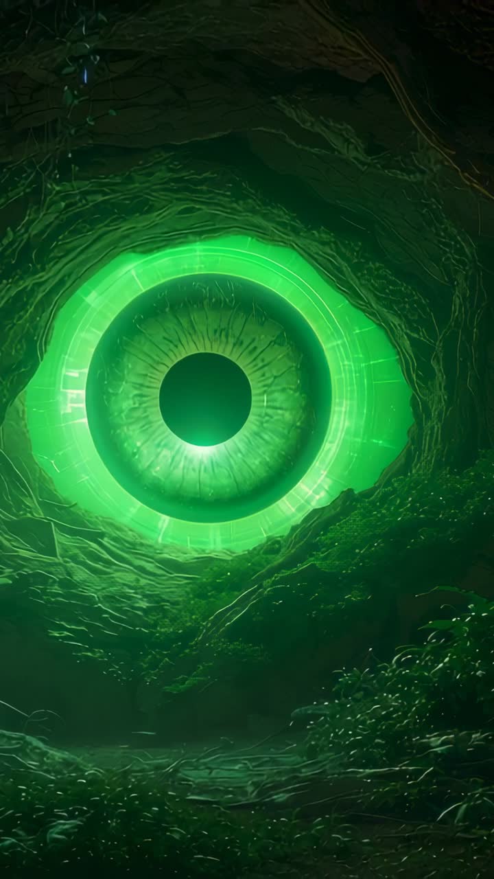 Vertical video: Neon green circular portal forming from halo and pulsing in cave, charging glow