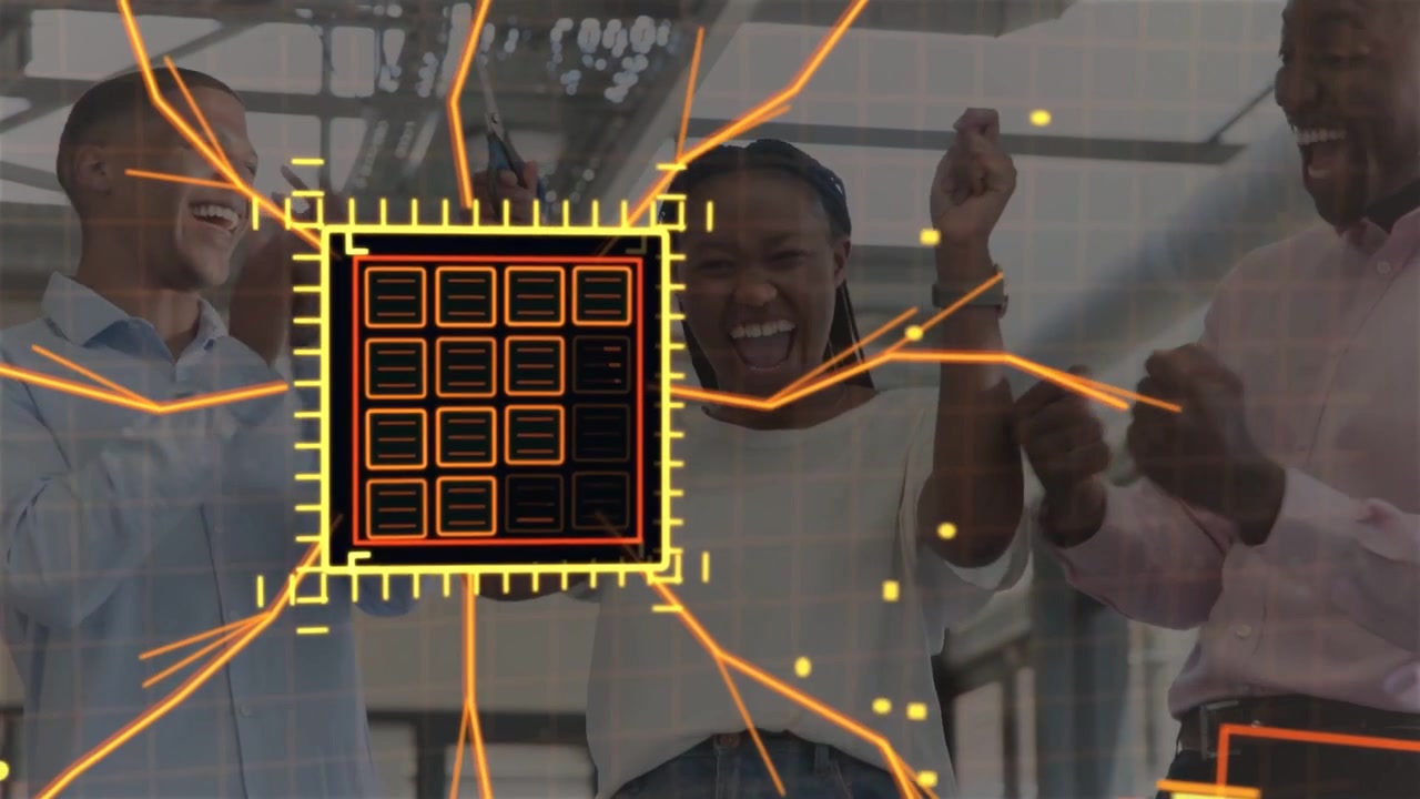 center woman reaching scissors, cutting ribbon, team holding, chip overlay pulsing for tech launch