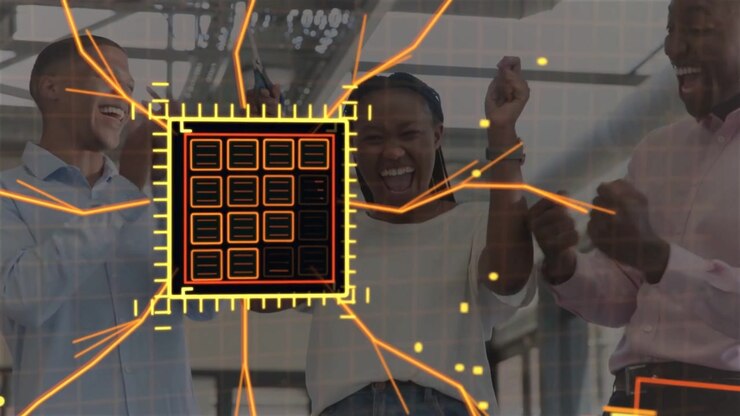 center woman reaching scissors, cutting ribbon, team holding, chip overlay pulsing for tech launch