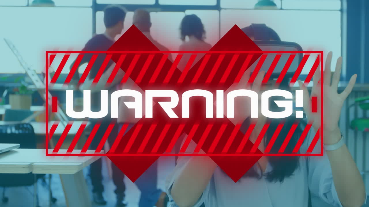 Animation of covid text over warning triangle and woman in face mask