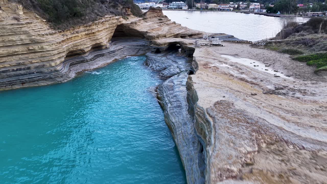 Cinematic Drone Flight Over Unique Layered Sandstone Rock Formations at Canal d'Amour Sidari Corfu