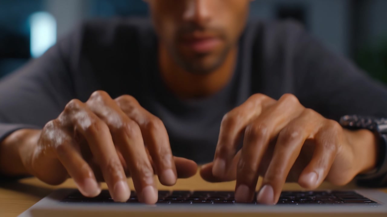 Individu yang Fokus Mengetik dengan Serius di Keyboard Laptop dalam Lingkungan Remang-remang, Menunjukkan Ketangkasan dan Keterlibatan Tangannya dalam Momen Produktif