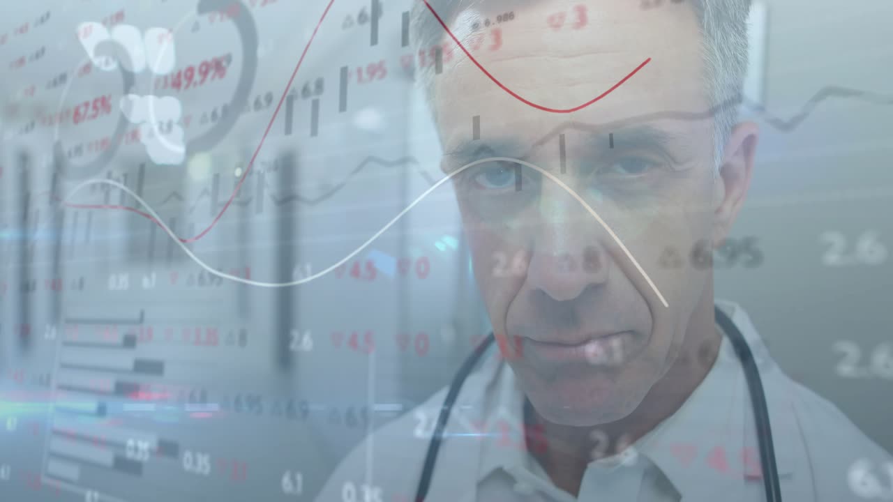 Animated overlays appearing in clinic corridor, male physician reviewing graphs, guiding care