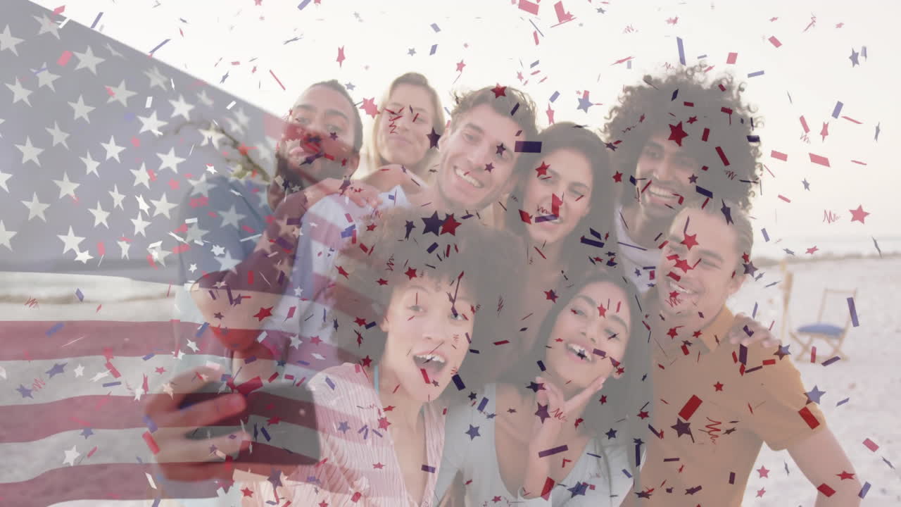 Celebrating with confetti and animation, group of friends holding American flag
