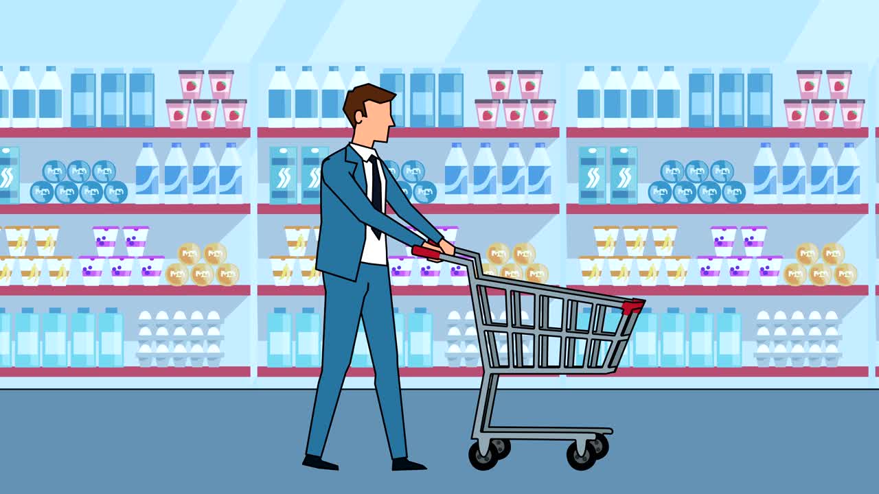 평평한 만화 사업가 캐릭터 워크는 빈 쇼핑 카트 애니메이션과 함께 제공됩니다.