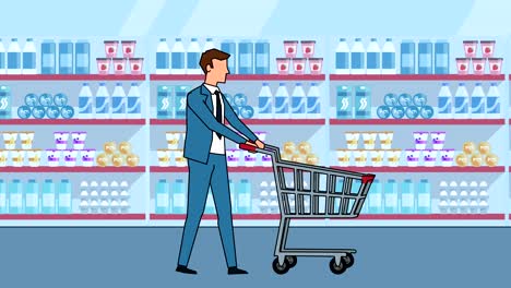 el personaje de los dibujos animados flat businessman walk viene con una animación de carrito de compras vacío.