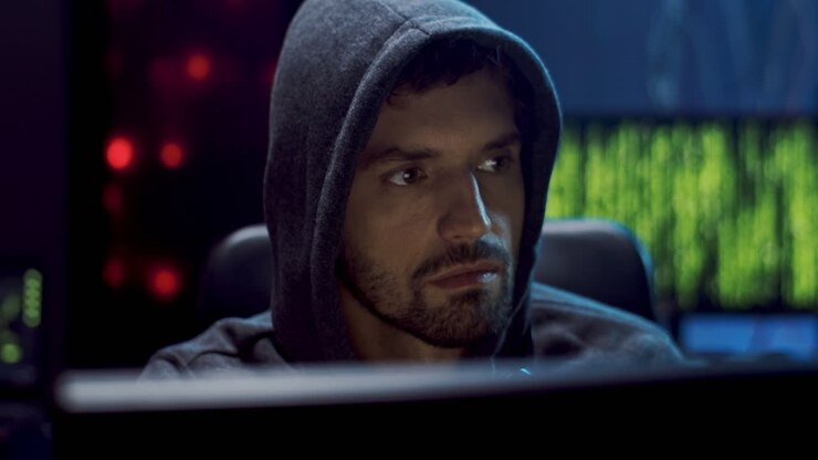 Close Up Of The Young Male Virtual Spy In A Hood Hacking Some Software At Night In The Dark Room