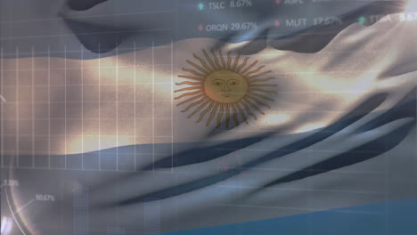 animation of financial data processing over flag of argentina