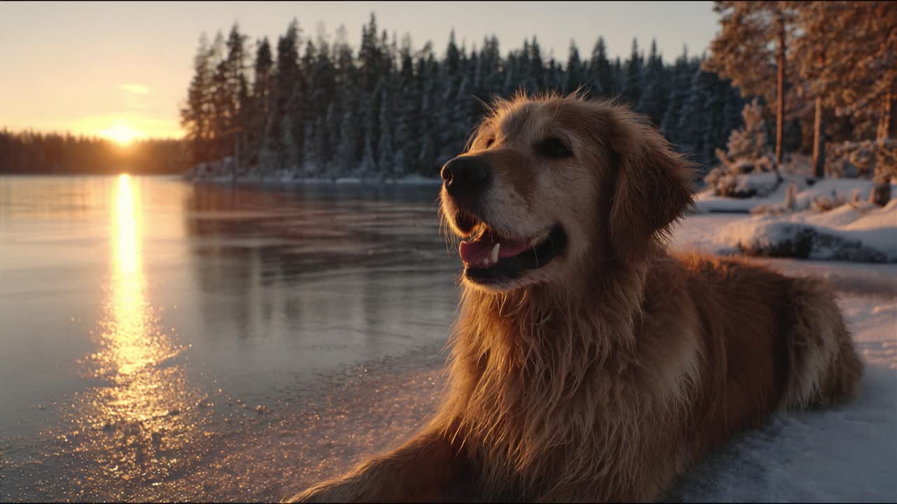 Un gioioso golden retriever si gode un sereno tramonto invernale in riva a un lago ghiacciato, circondato da alberi innevati e un'atmosfera tranquilla.
