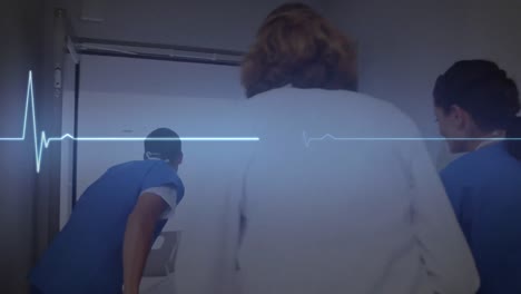 Digital-animation-of-glowing-blue-heart-rate-monitor-against-male-doctor-and-team-of-medical-profess