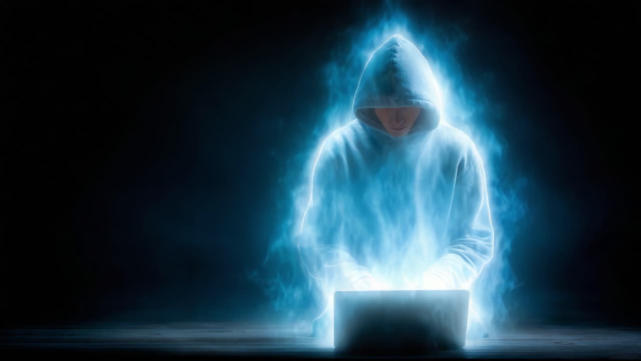 A Mysterious Figure Enveloped in Ethereal Light Engaged in Digital Activity, Exploring the Intersection of Technology and Enchantment