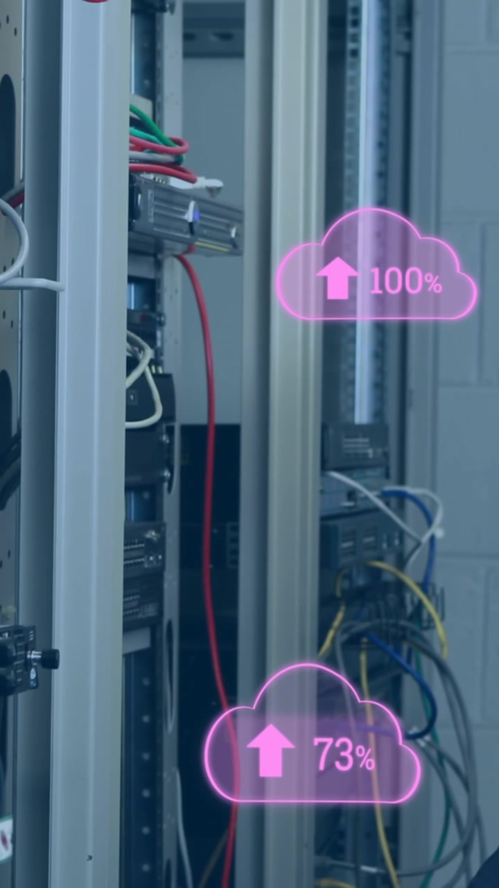 Animation of cloud icons with growing numbers over caucasian woman in server room