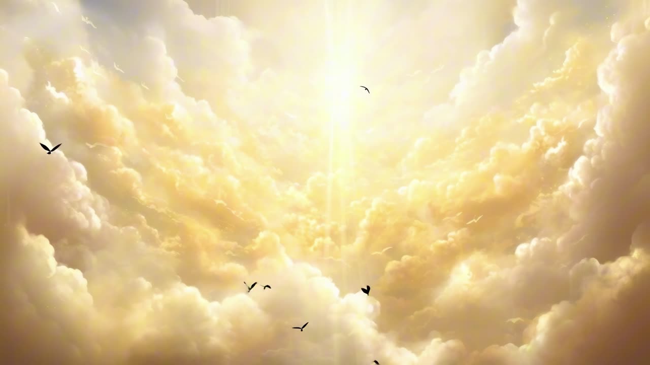 A heavenly scene with golden clouds and birds, captured from a low angle