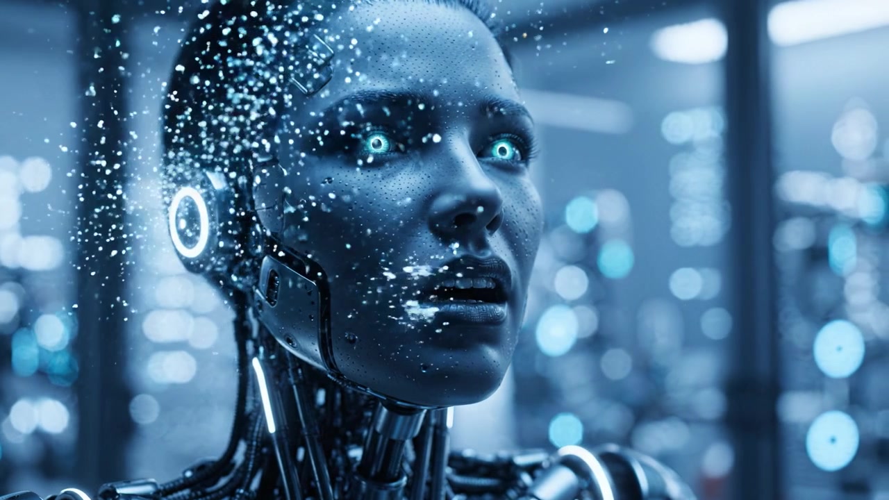 Un androide futuristico con occhi blu luminosi e caratteristiche metalliche eleganti, che mostra robotica avanzata e tecnologia AI in un ambiente high-tech.