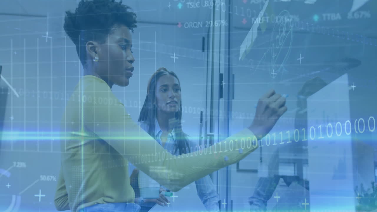 Animation of financial data processing over diverse colleagues brainstorming in office