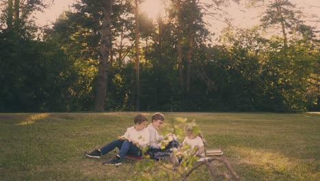 schoolboys with little sister read textbooks in sunny park