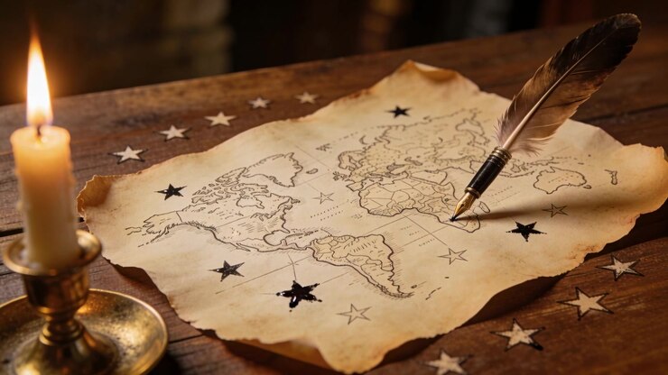 Plume d'oie en mouvement traçant une étoile à l'encre pour marquer un site sur une carte en parchemin, sur un bureau avec un chandelier en laiton allumé.