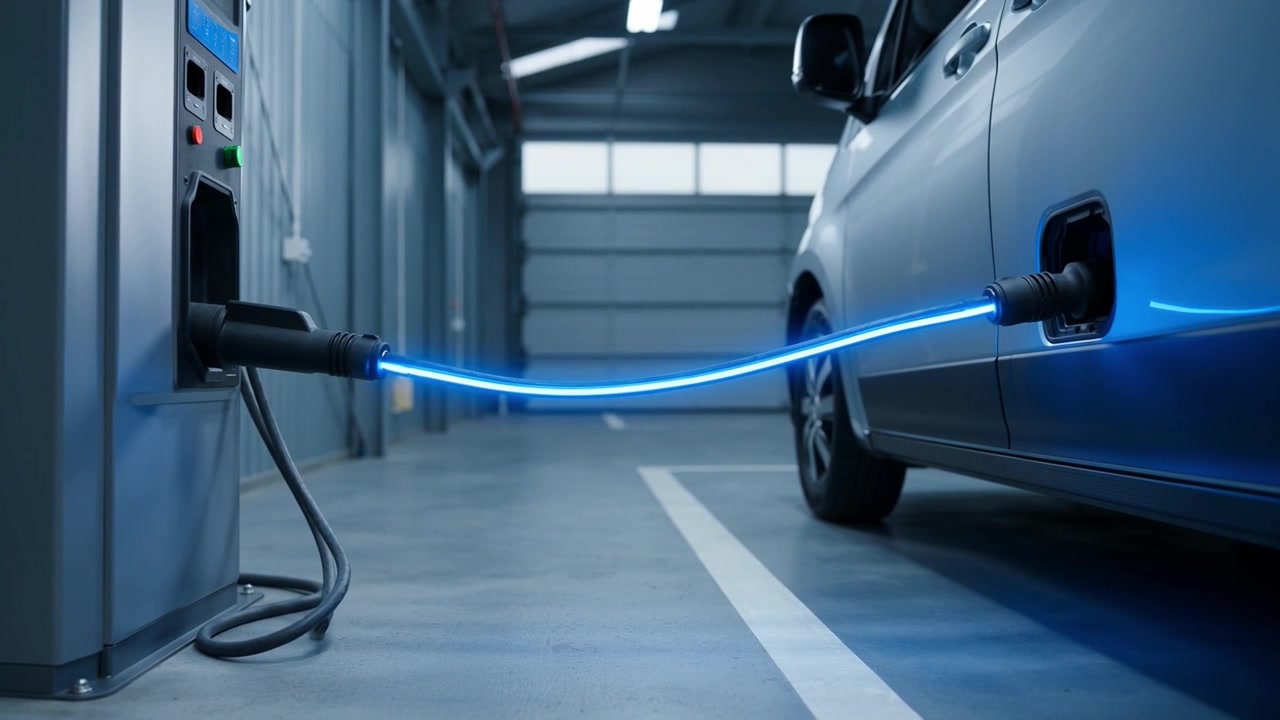 Mavi Parlayan Kabloyla Şarj Edilen Modern Elektrikli Araç