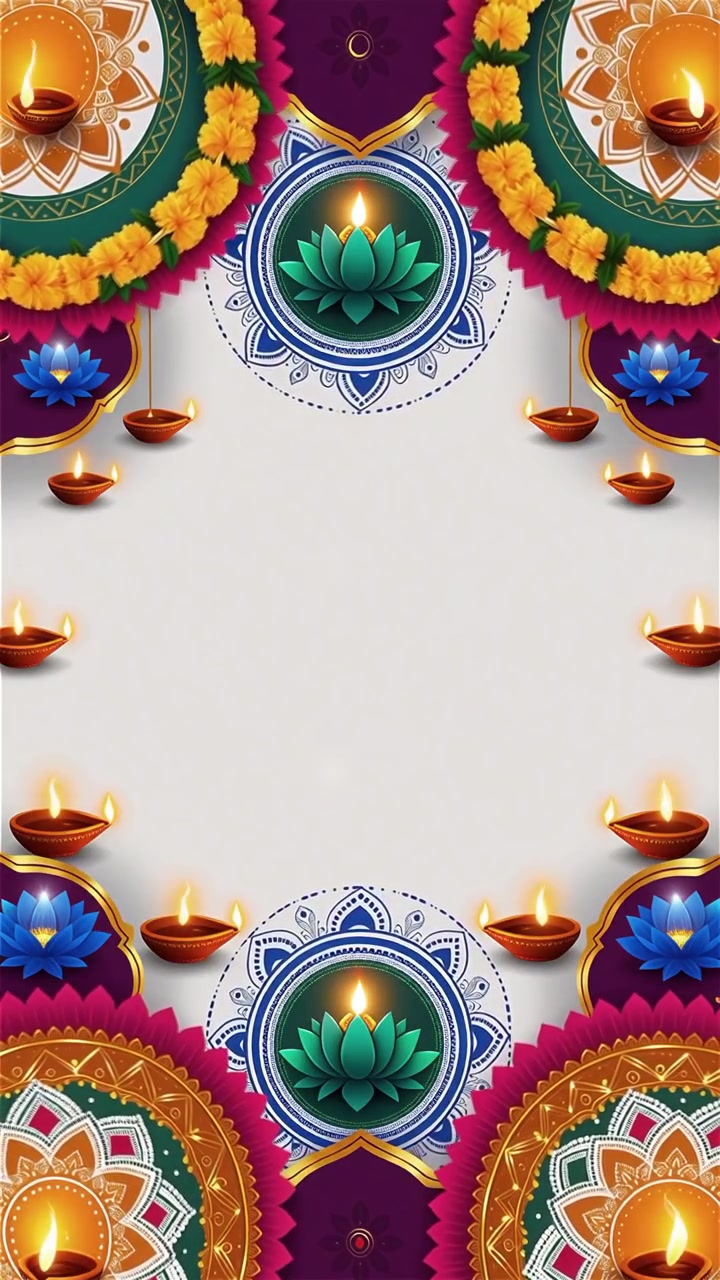 Sfondo Diwali con Diyas luminosi, Rangoli e fiori di loto