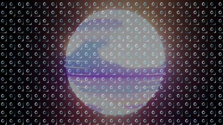 Central holographic sphere glowing over grid of segmented HUD icons, featuring neon data stripes