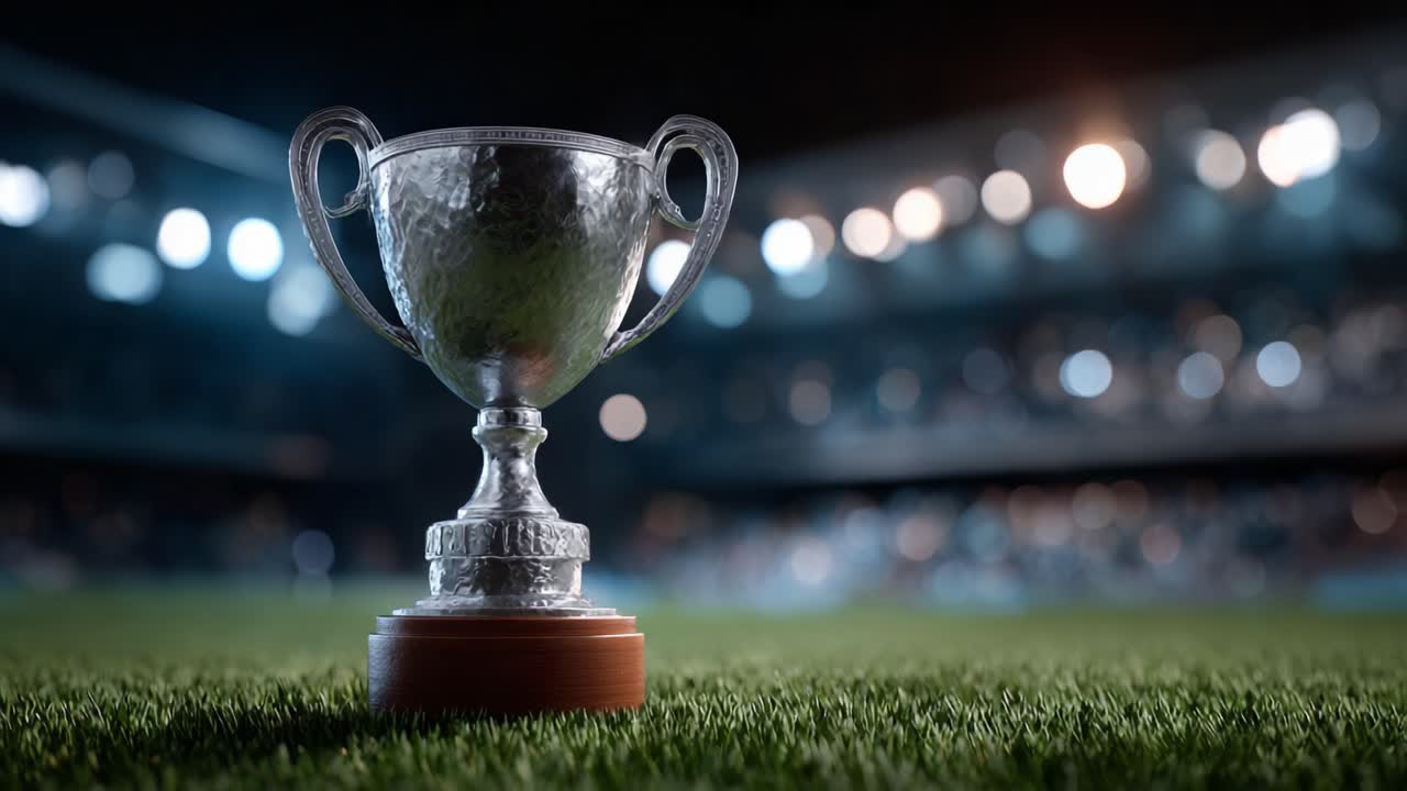 A Gleaming Trophy Awaits Victory on the Sports Field, Symbolizing Achievement and Excellence in Competitive Endeavors Under Bright Stadium Lights