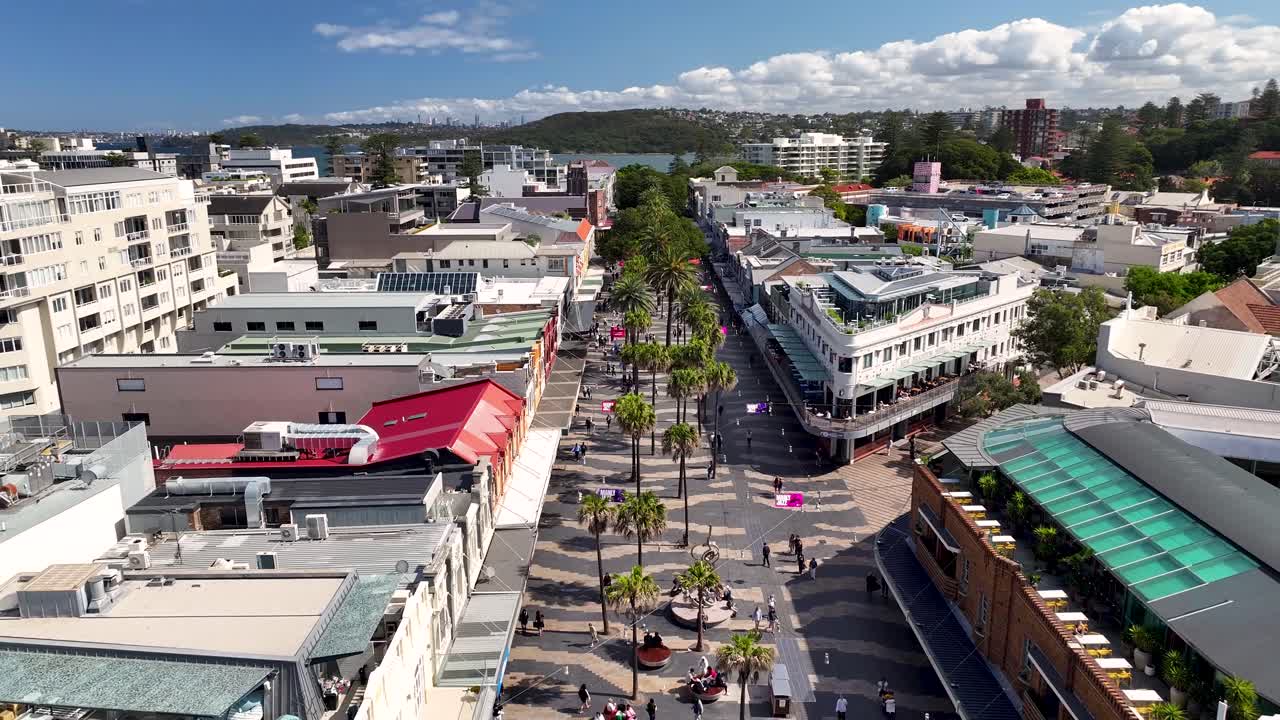 The Corso Main Streets And A Pedestrian Mall In Manly, New South Wales, Australia. Aerial Drone Shot