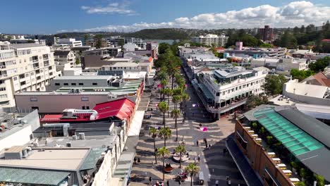 the corso main streets and a pedestrian mall in manly, new south wales, australia. aerial drone shot