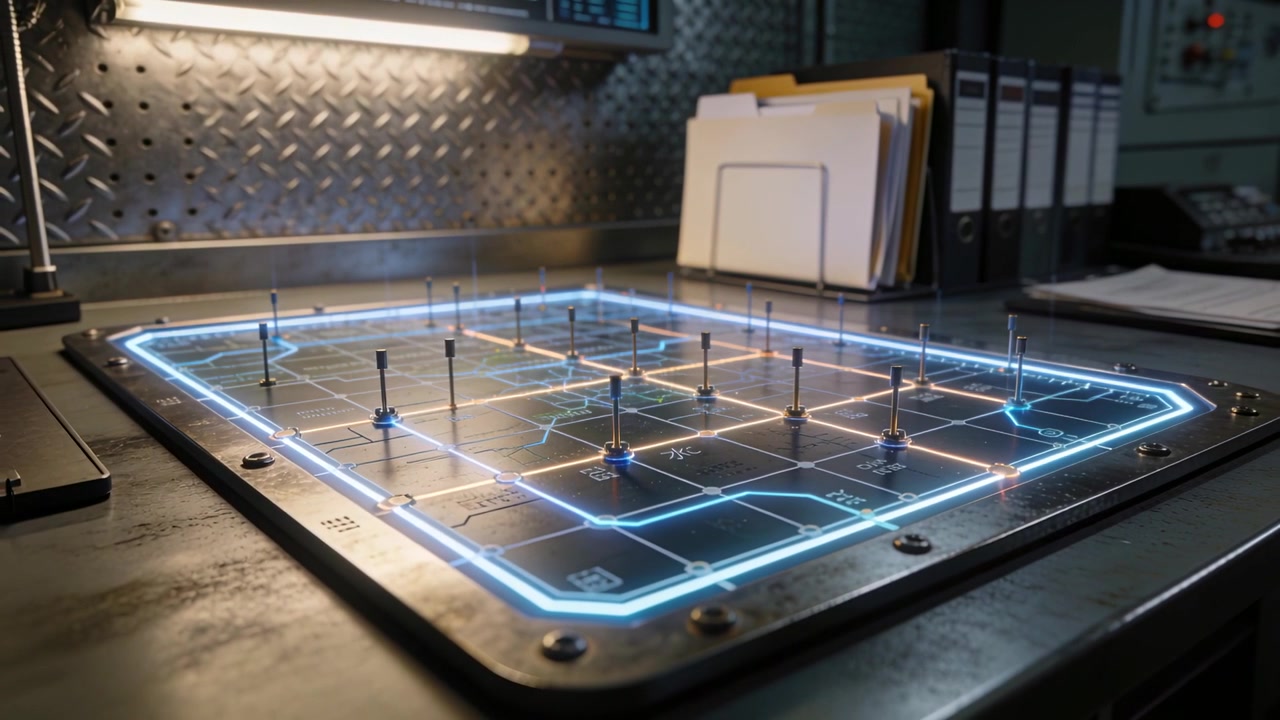 Starting sequence, holographic tactical map pulsing lines on bench with pegs, indicating activation