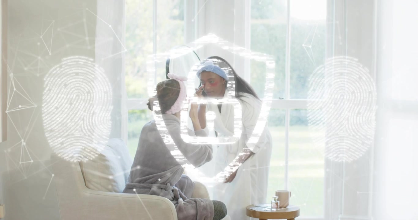 Friends greeting gestures initiating under-eye skincare by mirror showing lock fingerprint overlays