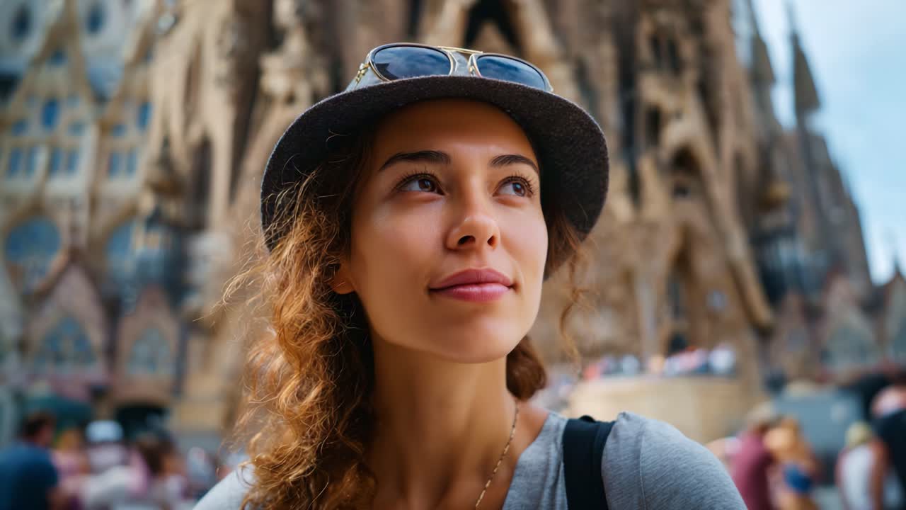 Una giovane donna riflessiva guarda in alto con stupore gli splendidi dettagli architettonici di un edificio storico, mostrando curiosità e ammirazione in un ambiente vivace