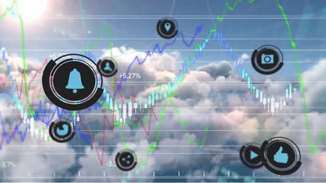 iconos digitales y gráficos que se mueven contra el cielo azul