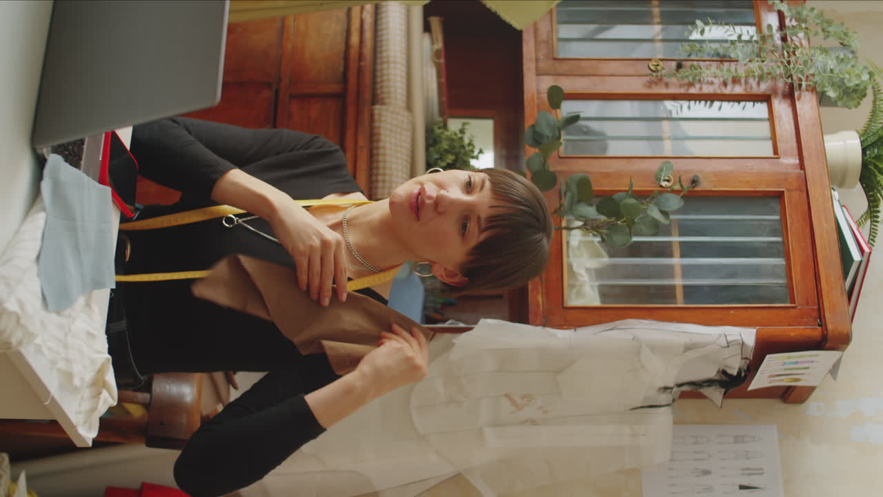 비디오 통화에서 직물에 대해 이야기하는 여성 의상 제작자