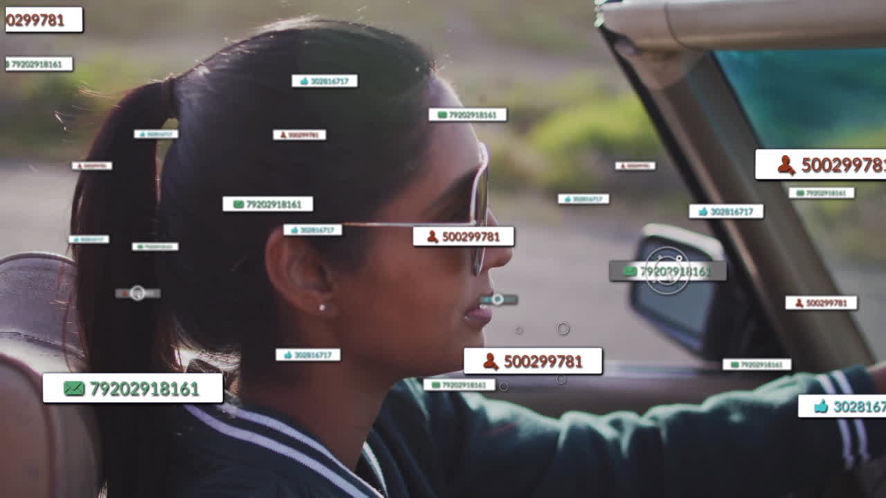 Female driver cruising convertible roadway showing AR technology with floating notification icons