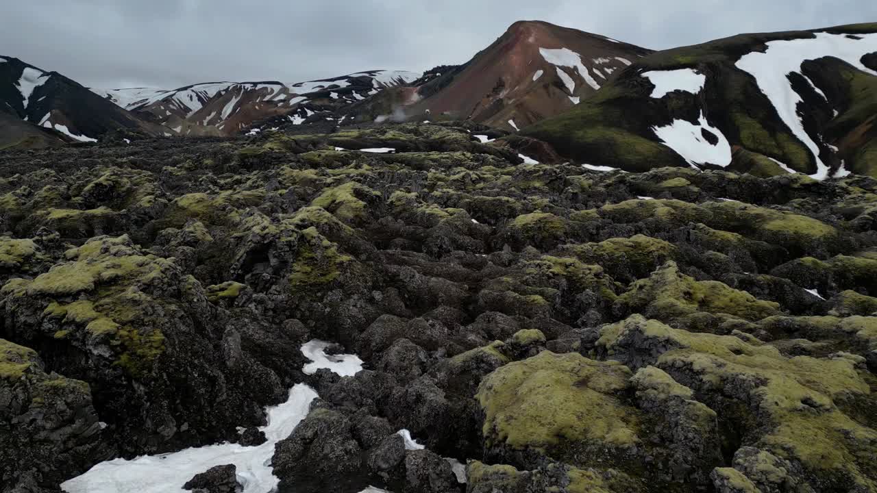 아이슬란드 의 외 ⁇  고원 에 있는 아름다운 지역 인 랜드만날라우가르 의 놀라운 공중 전망, 눈  ⁇ 인 산 들 과 녹색, 갈색, 노란색 의 다양한 색 ⁇  을 가진 이국적 인 풍경 으로 둘러싸여 있습니다.