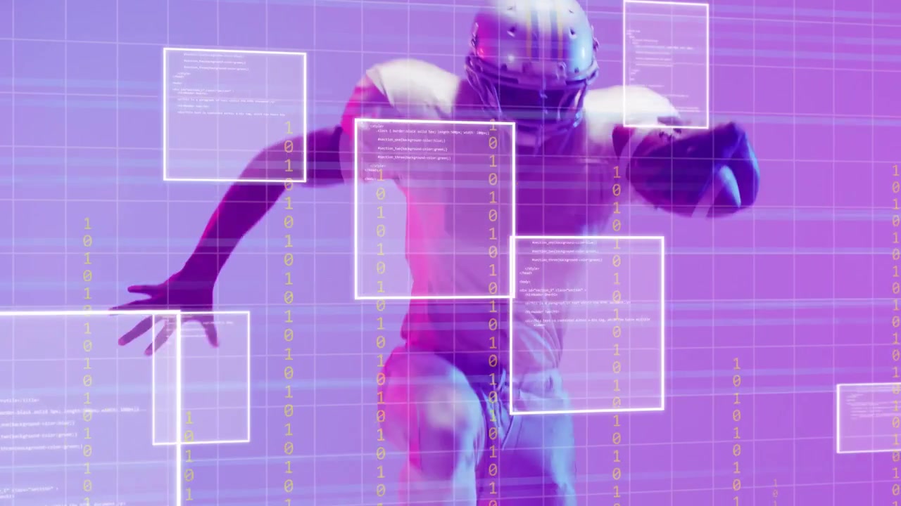 Man doet voetenwerk, verplaatst gewicht en beweegt aanvallend, terwijl een sport-gebruikersinterface over een raster zweeft en hij een voetbal verdedigt.