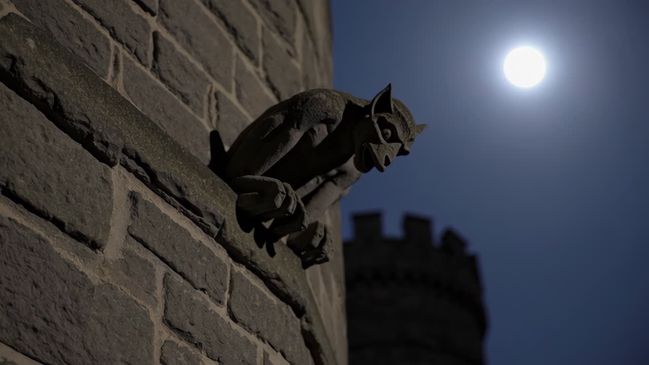 Gargoyle su un Muro di Pietra di Notte Sotto una Luna Piena
