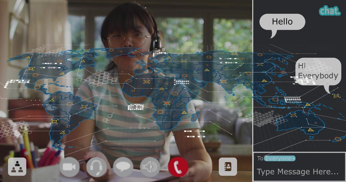 Student clicking laptop controls noting in e-learning while data icons on faded world map forming