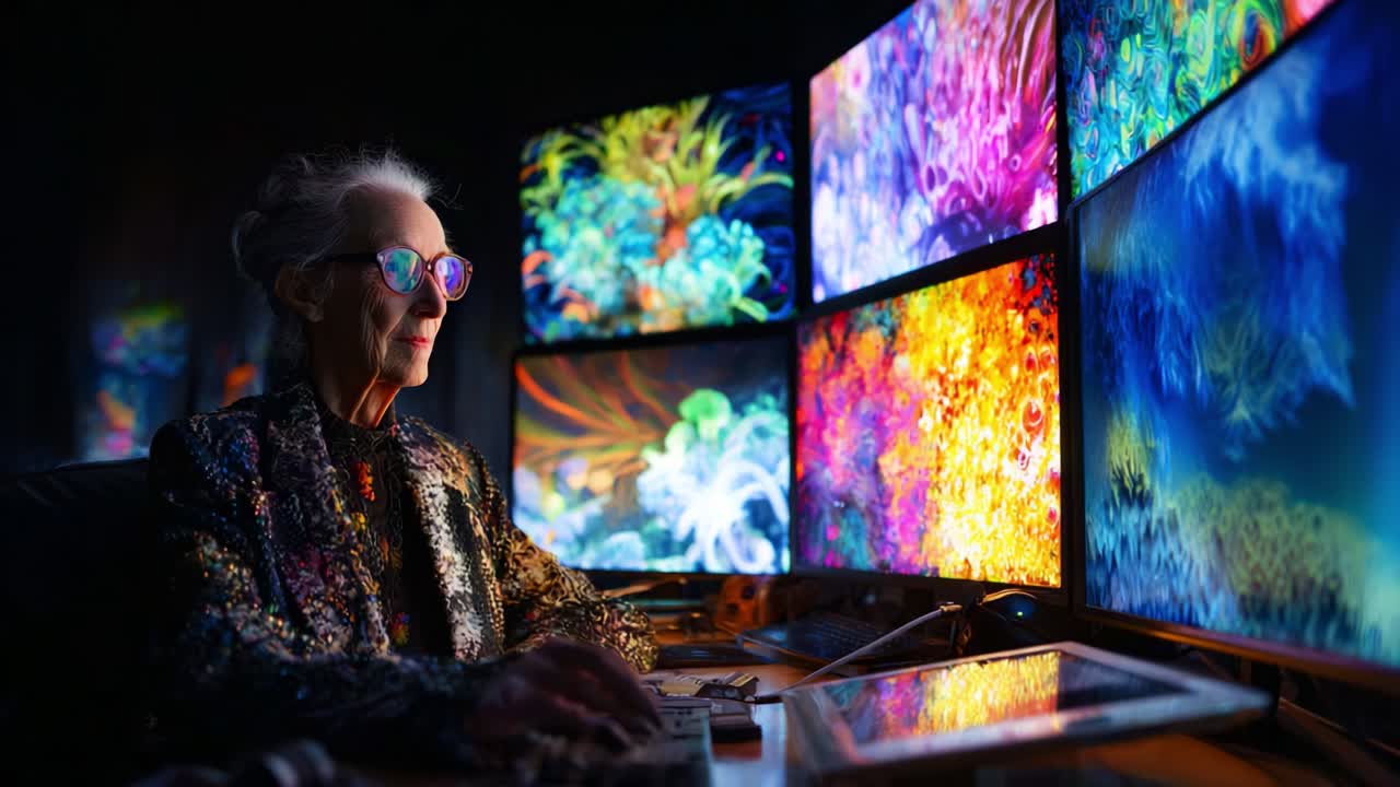 A senior woman engages with vibrant digital visuals on multiple screens, showcasing a captivating blend of color, technology, and creativity in an immersive artistic environment