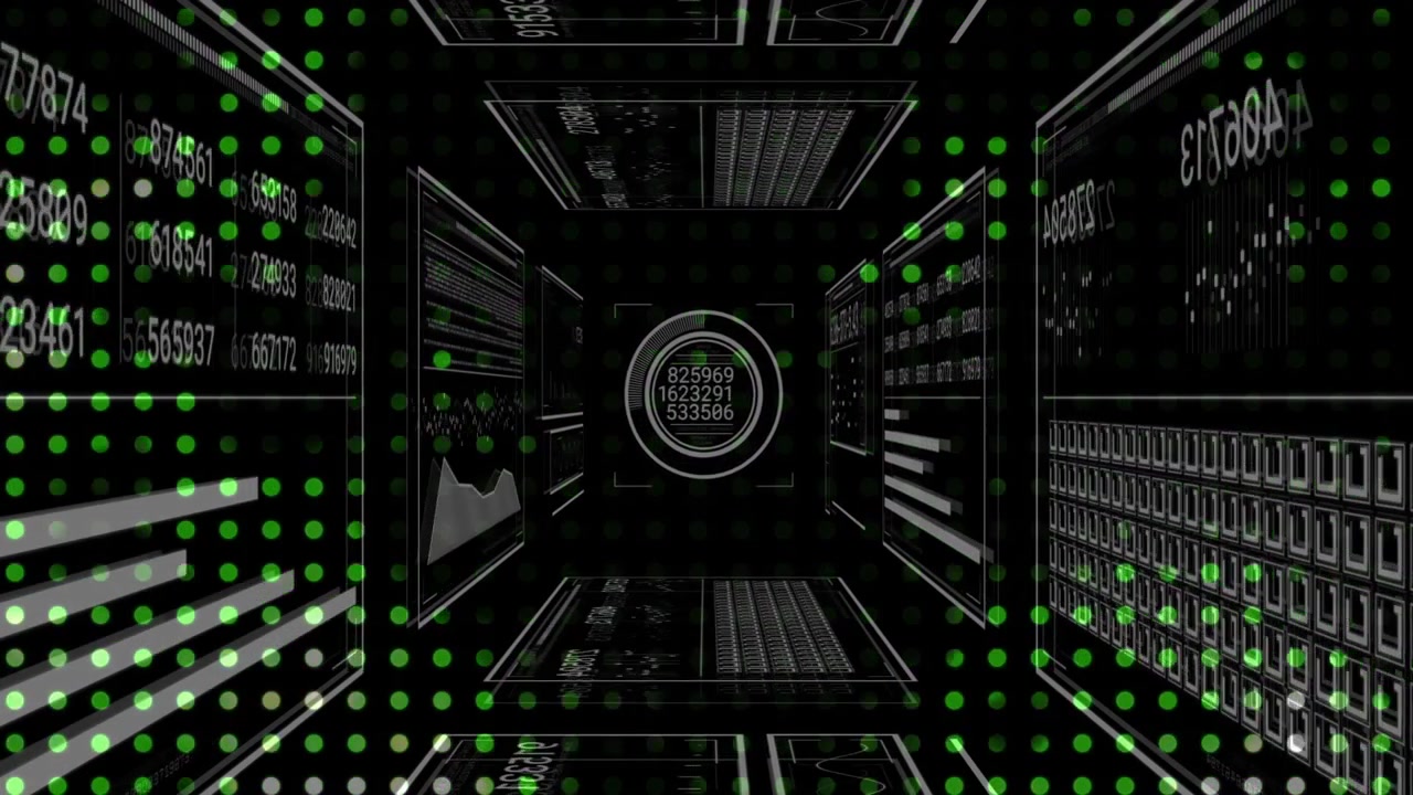 Digital tunnel starting dot grid overlay while data panels, numeric gauge updating for data view